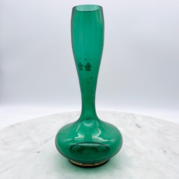 Emerald Green Bohemian Glass Bud Vase Pair Hand Blown Painted Fluted Unique Vint - Picture 9 of 14
